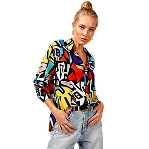Abstract  printed color block colorful oversized button up shirt women Small/Med